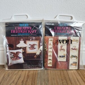 VTG AVON Creative Needle Crewel Embroidery American Eagle Pillow Cars Wall Hang